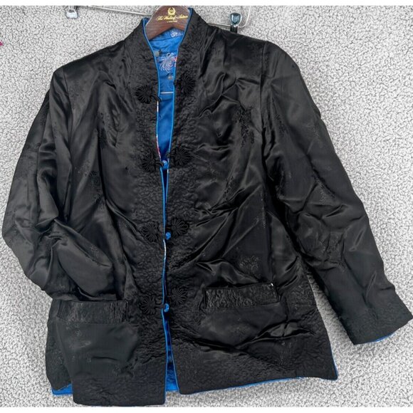 Vintage Women's Blue Black Reversible Satin Pankou Asian Blazer Size Large - Picture 10 of 12